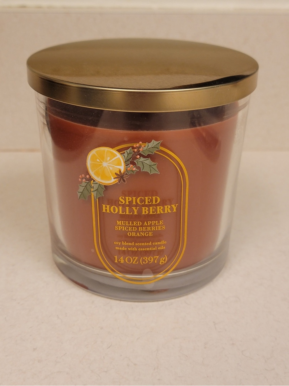 Spiced Holly Berry Scented Candle - Red with Gold Lid - 3- Wick